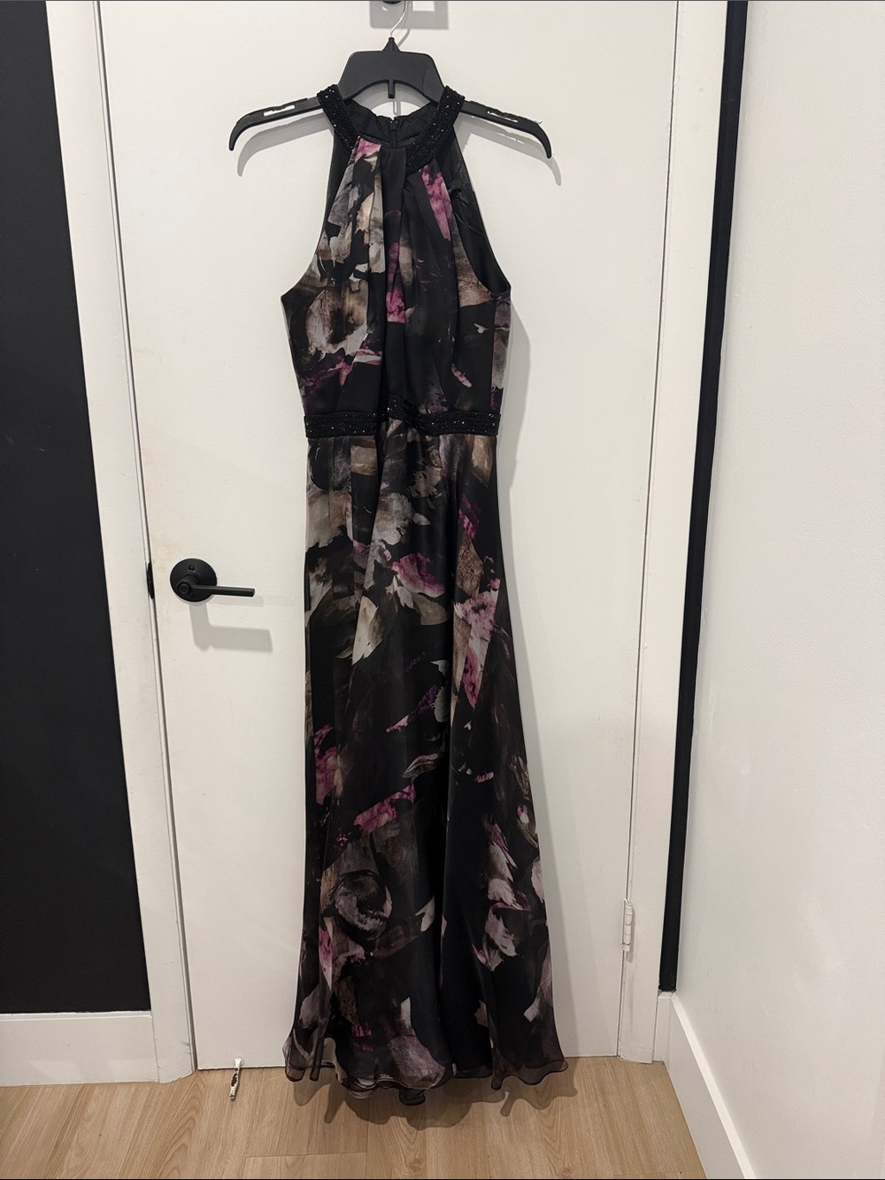 Carmen Marc Valvo Black Floral Halter Maxi with Pink Accents